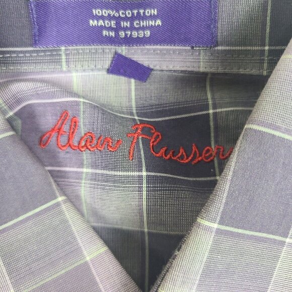 Alan Flusser Mens Medium Purple Plaid Long Sleeve  Button Up Flip Cuff Shirt - Picture 5 of 7